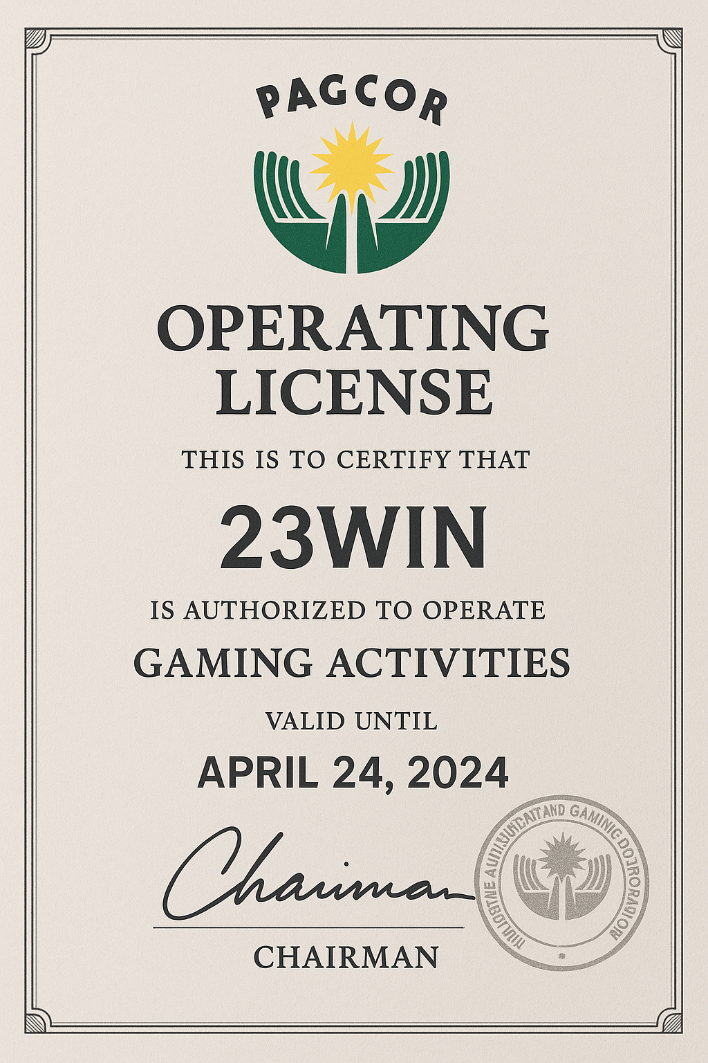 Giấy phép PAGCOR 23WIN
